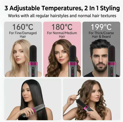 Mini Capsule Cordless Hair Straightening Brush, Rechargeable Heated Brush with LCD Display, Ceramic Bristles, Pocket-Size Travel Hair Styler for On-The-Go Use