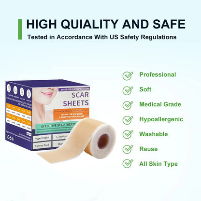 2026 Upgrade Silicone Scar Tepe for C-Section, Acne, Buruns & Keloids - Hypoallergenic Scar Care Sheets, Fast Healing, Suitable for All Skin Tayes (1.6"X 59" Roll-1.5M)