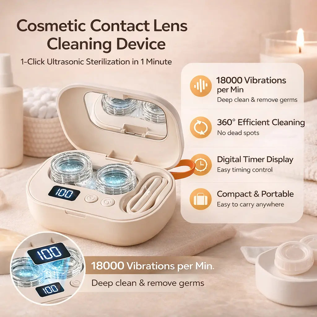 Ultrasonic Rechargeable Contact Lens Cleaner with Vanity Mirror – Portable Case for Hard & Soft Lenses, 2 Cleaning Modes, Daily Deep Cleaning for Travel, Sports, Office, and Home Use