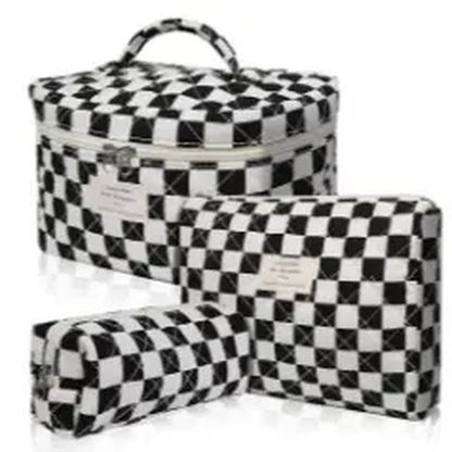Gosect Quilted Floral 3-Piece Makeup Bags Set - Soft Cotton Diamond Quilting, High-Capacity Tote with Fixed Shoulder Strap, Medium Flat Pouch, Small Pencil Case, Double Zipper, Everyday Bag, Teenage Girl Gifts,Summervibes