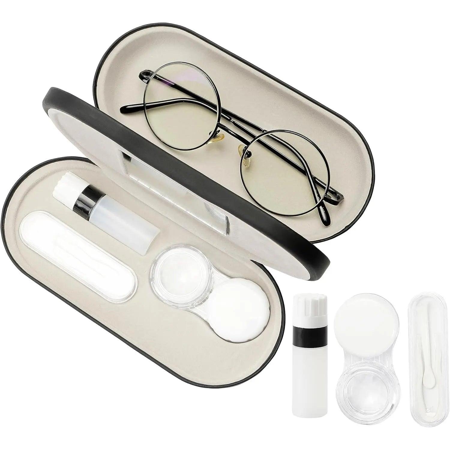 2 in 1 Contact Lens & Eyeglasses Case with Built-In Mirror, Portable Leather Travel Kit with Tweezer, Lens Remover & Solution Bottle