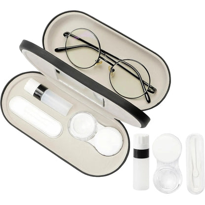2 in 1 Contact Lens & Eyeglasses Case with Built-In Mirror, Portable Leather Travel Kit with Tweezer, Lens Remover & Solution Bottle