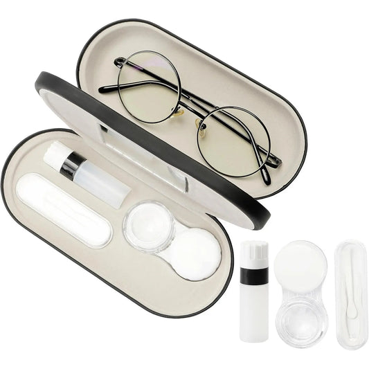 2 in 1 Contact Lens & Eyeglasses Case with Built-In Mirror, Portable Leather Travel Kit with Tweezer, Lens Remover & Solution Bottle