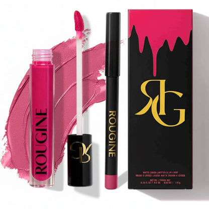 Rougine Matte Lipstick & Lip Liner Set for Women Red Love Shade Long-Lasting Waterproof 2-In-1 Lip Kit Smudge-Proof Liquid Lipstick with Precision Liner Enriched with Vitamin E & Shea Butter - Gloss, Lipgloss