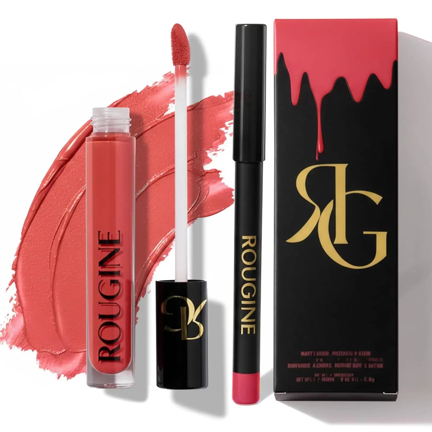 Rougine Matte Lipstick & Lip Liner Set for Women Red Love Shade Long-Lasting Waterproof 2-In-1 Lip Kit Smudge-Proof Liquid Lipstick with Precision Liner Enriched with Vitamin E & Shea Butter - Gloss, Lipgloss