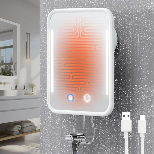 Heated Shower Mirror Fogless for Shaving with Light, 5000Mah Rechargeable , Detachable Suction Cup and Razor Holder for Wall, No-Drilling, Removable, for Bathroom - Black