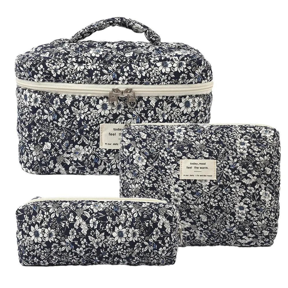 Gosect Quilted Floral 3-Piece Makeup Bags Set - Soft Cotton Diamond Quilting, High-Capacity Tote with Fixed Shoulder Strap, Medium Flat Pouch, Small Pencil Case, Double Zipper, Everyday Bag, Teenage Girl Gifts,Summervibes