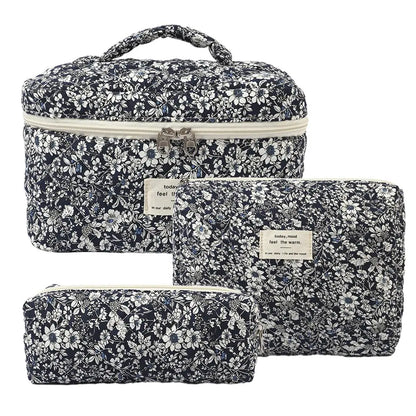Gosect Quilted Floral 3-Piece Makeup Bags Set - Soft Cotton Diamond Quilting, High-Capacity Tote with Fixed Shoulder Strap, Medium Flat Pouch, Small Pencil Case, Double Zipper, Everyday Bag, Teenage Girl Gifts,Summervibes