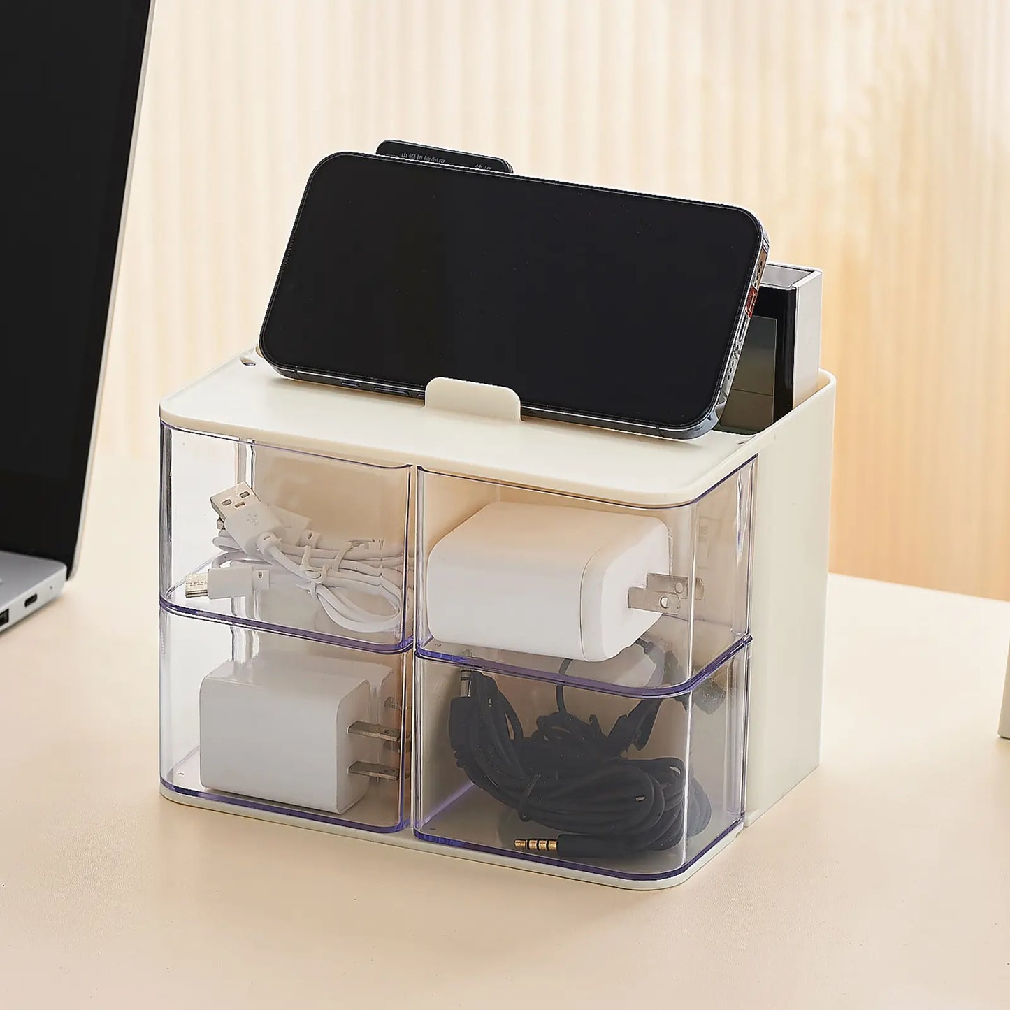Hair Accessories Organizer with Hair Brush Holder, 4 Drawer Rotatable Hair Tie Organizer for Makeup Brushes, Hair Clips, Earrings, Necklaces, Bracelets and Hair Accessories, White, 2-Layer