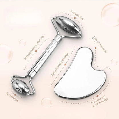 Stainless Steel Gua Sha & Face Roller Set for Jawline Sculpting, Depuffing & Skin Glow, Facial Massage Tool for Lymphatic Drainage, anti Puff Face Sculpting Kit for Women Daily Skin Care Routine