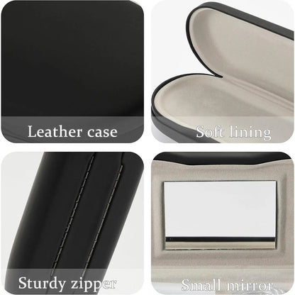 2 in 1 Contact Lens & Eyeglasses Case with Built-In Mirror, Portable Leather Travel Kit with Tweezer, Lens Remover & Solution Bottle