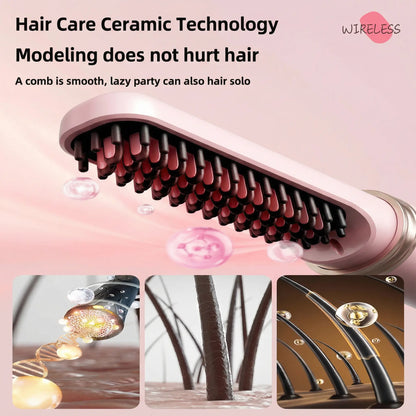 Cordless Hair Straightener Brush with Cover - Portable Mini Negative Ion Hot Comb for Travel, Gym & Car - USB Rechargeable Anti-Scald Hair Styler Hair Styling Tools
