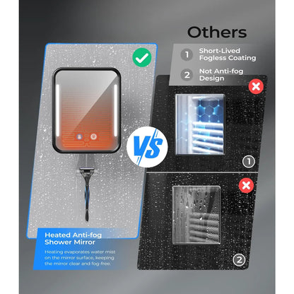 Heated Shower Mirror Fogless for Shaving with Light, 5000Mah Rechargeable , Detachable Suction Cup and Razor Holder for Wall, No-Drilling, Removable, for Bathroom - Black