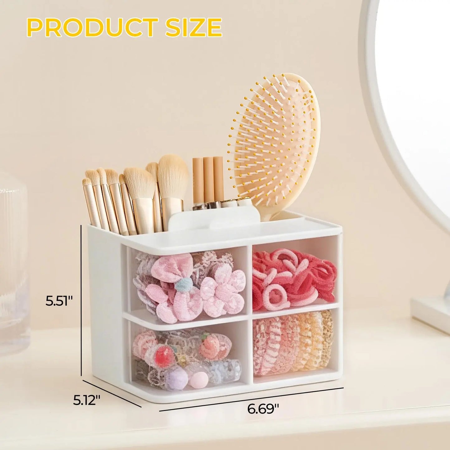 Hair Accessories Organizer with Hair Brush Holder, 4 Drawer Rotatable Hair Tie Organizer for Makeup Brushes, Hair Clips, Earrings, Necklaces, Bracelets and Hair Accessories, White, 2-Layer