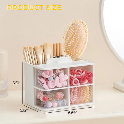 Hair Accessories Organizer with Hair Brush Holder, 4 Drawer Rotatable Hair Tie Organizer for Makeup Brushes, Hair Clips, Earrings, Necklaces, Bracelets and Hair Accessories, White, 2-Layer