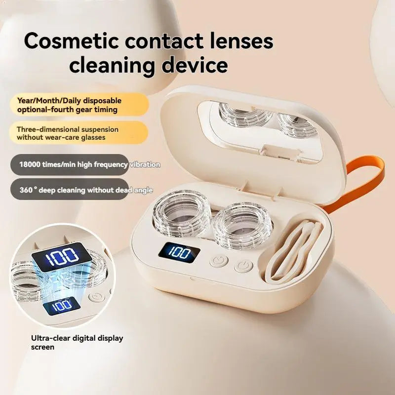 Ultrasonic Rechargeable Contact Lens Cleaner with Vanity Mirror – Portable Case for Hard & Soft Lenses, 2 Cleaning Modes, Daily Deep Cleaning for Travel, Sports, Office, and Home Use