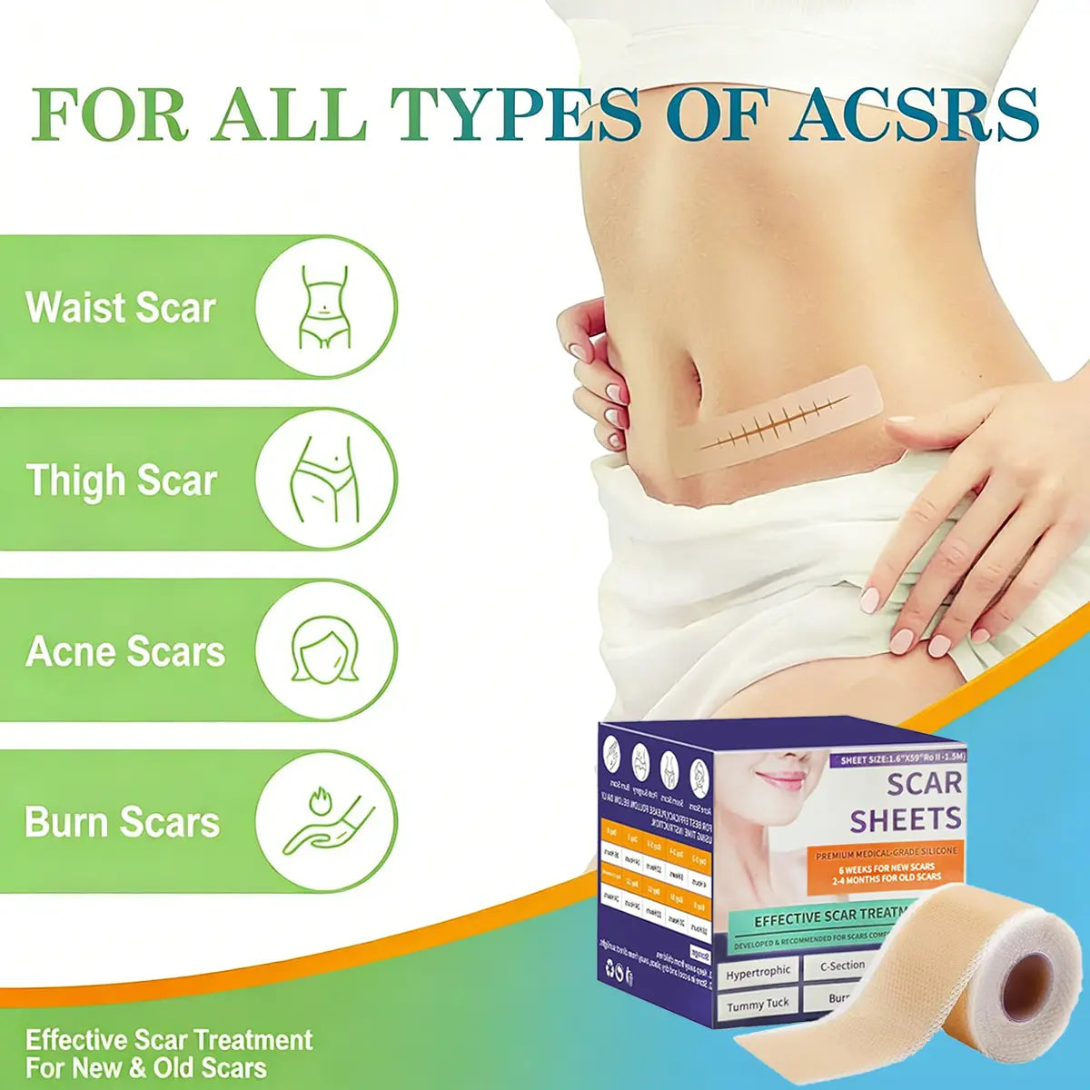 2026 Upgrade Silicone Scar Tepe for C-Section, Acne, Buruns & Keloids - Hypoallergenic Scar Care Sheets, Fast Healing, Suitable for All Skin Tayes (1.6"X 59" Roll-1.5M)