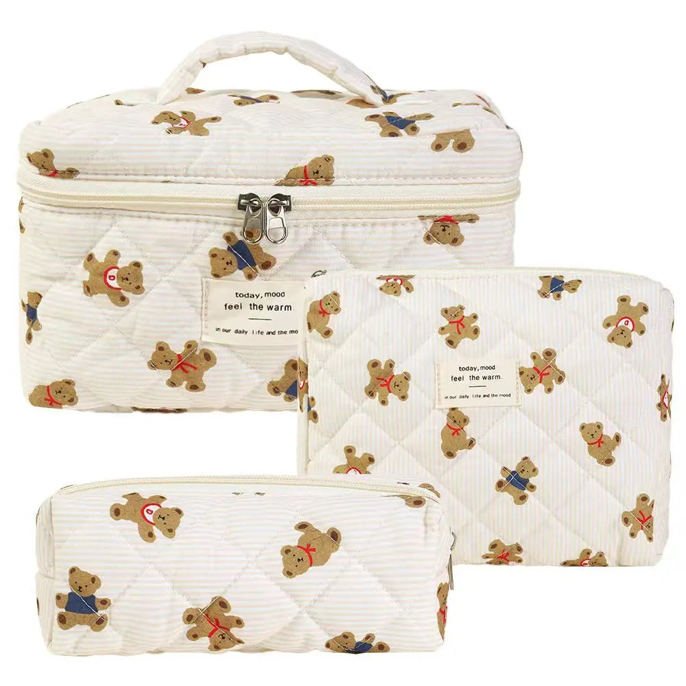 Gosect Quilted Floral 3-Piece Makeup Bags Set - Soft Cotton Diamond Quilting, High-Capacity Tote with Fixed Shoulder Strap, Medium Flat Pouch, Small Pencil Case, Double Zipper, Everyday Bag, Teenage Girl Gifts,Summervibes